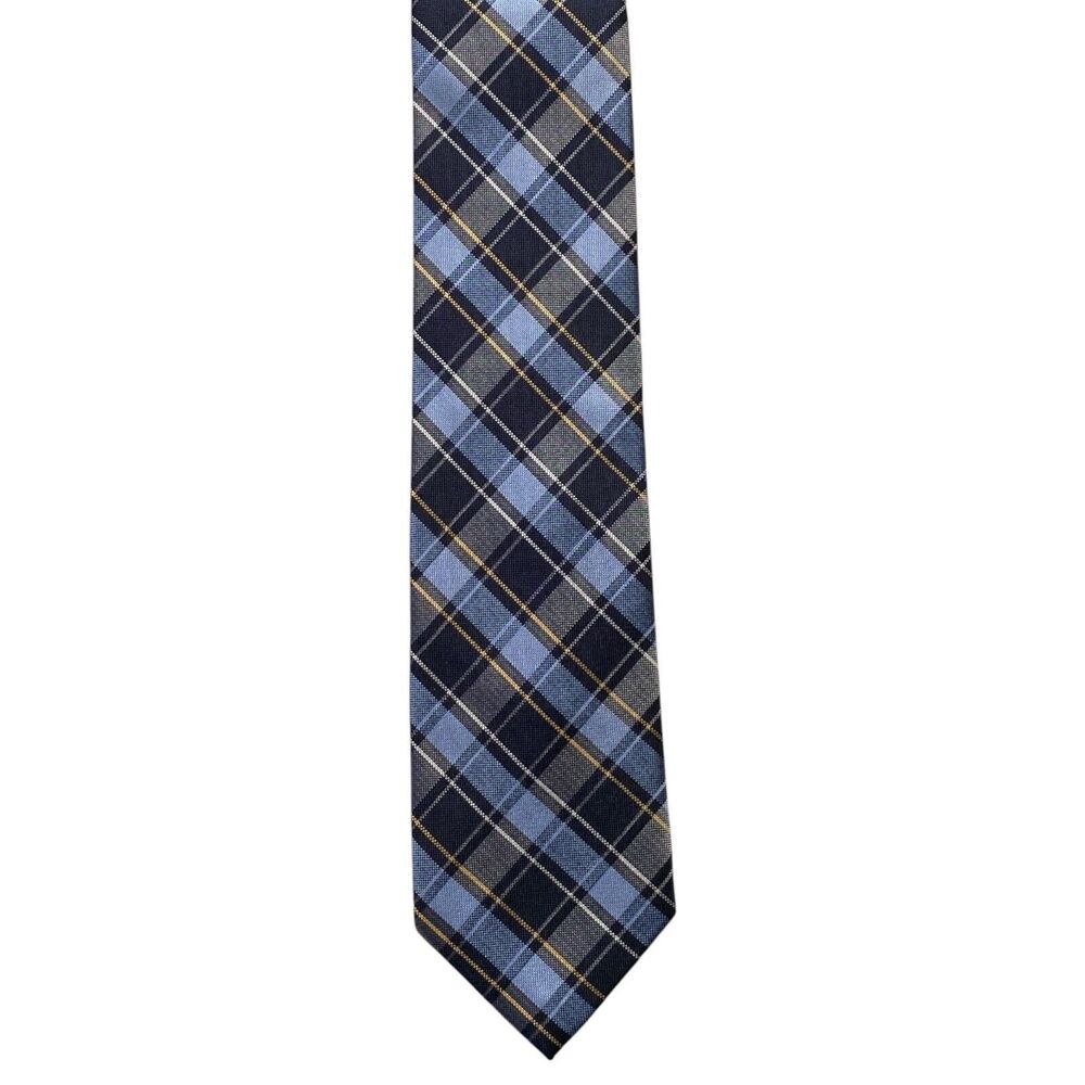 Mens Chaps Tie Blue Yellow Plaid Checkered Silk Necktie 3.25" Wide 57" Long